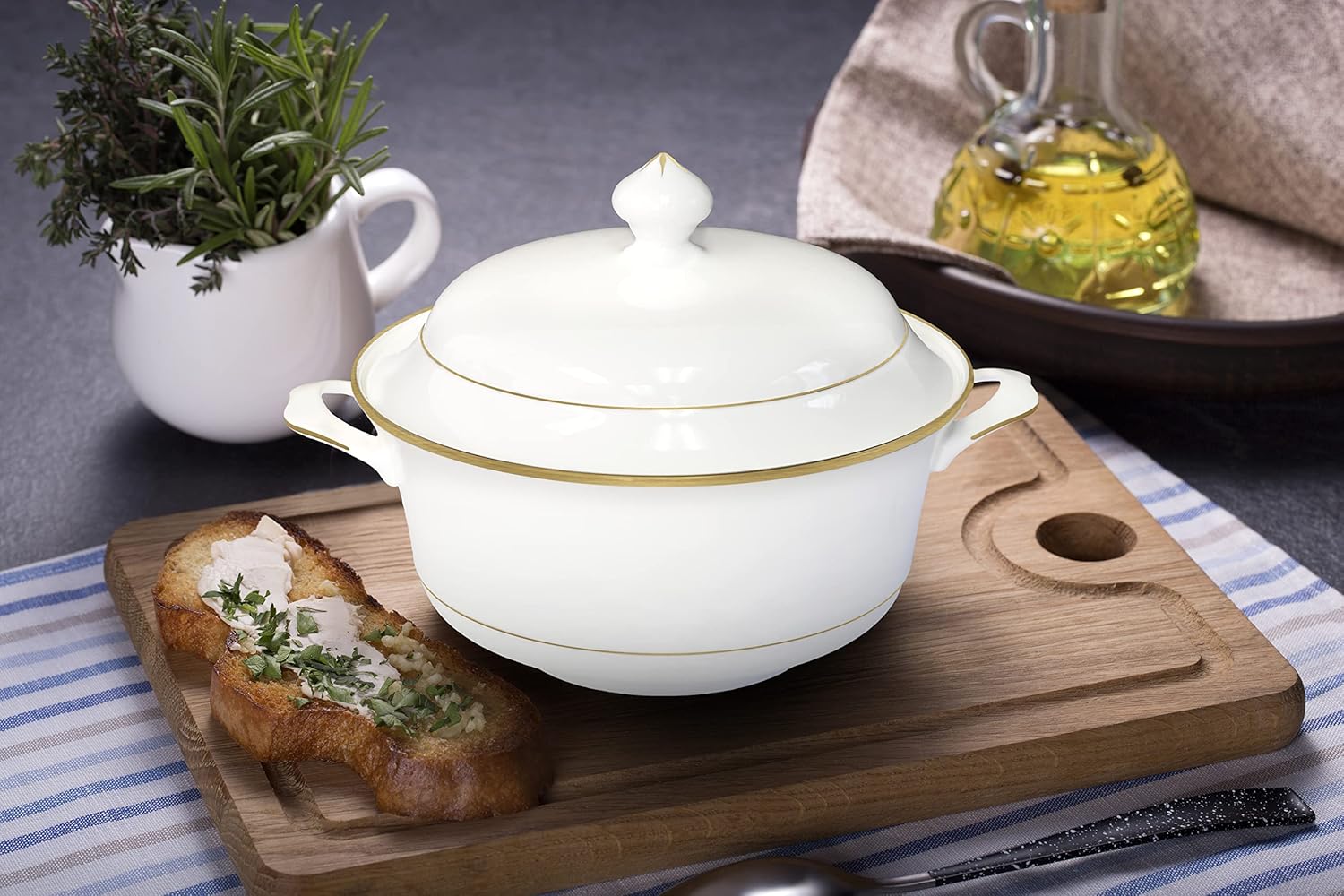 Elegant 2-Piece Bone China Soup Tureen Set with Lid Gold Rim 297QT