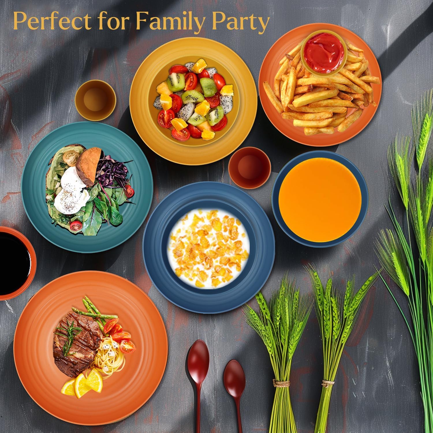 Wrova 16-Piece Unbreakable Wheat Straw Dinnerware Set for Kids and Adults