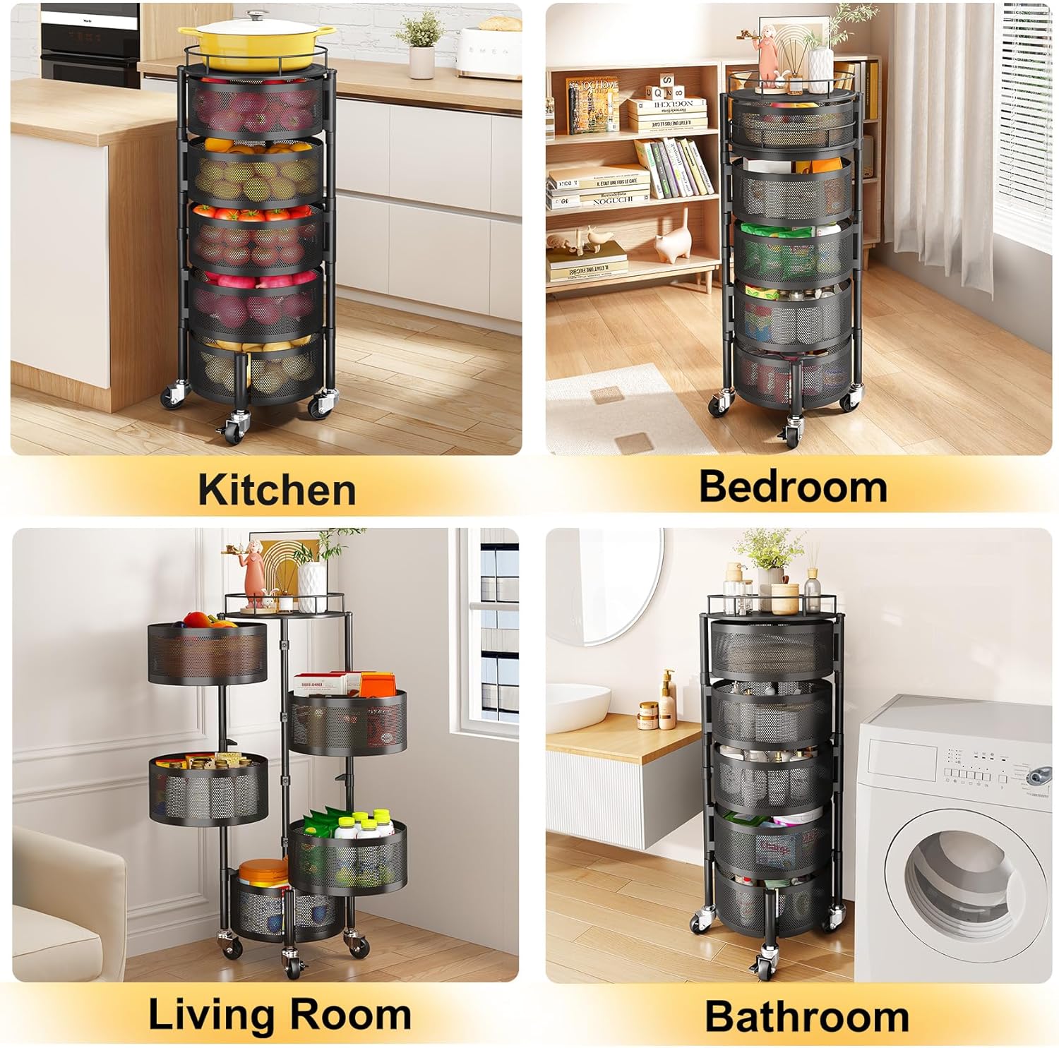 5 Tier Rotating Fruit Vegetable Basket Storage Cart with Metal Lid Black