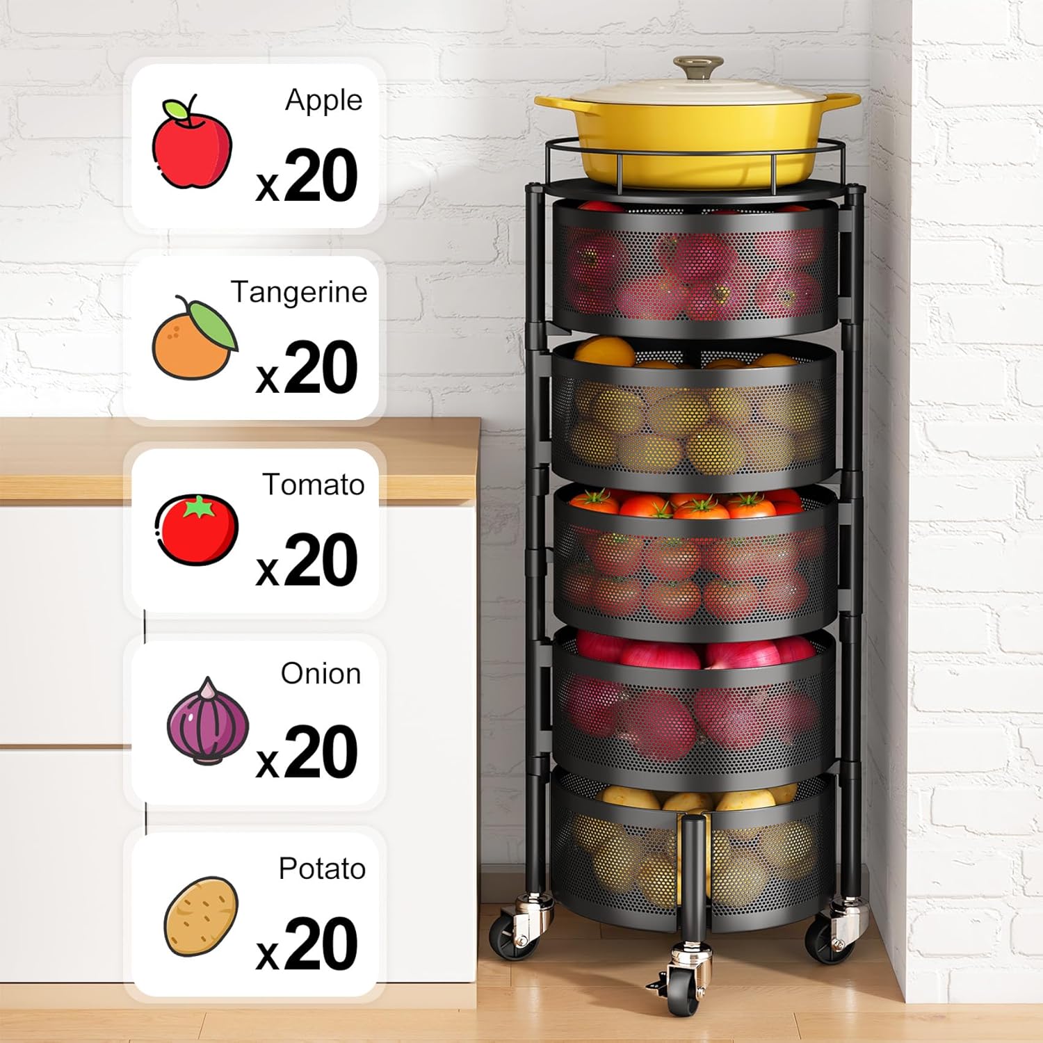 5 Tier Rotating Fruit Vegetable Basket Storage Cart with Metal Lid Black