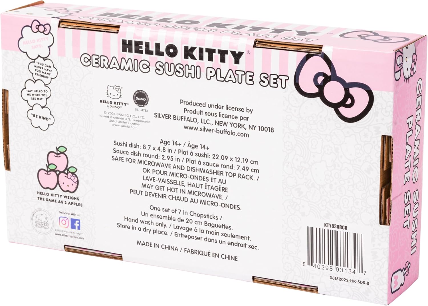 Silver Buffalo Hello Kitty Sushi Set with Chopsticks and Sauce Dish