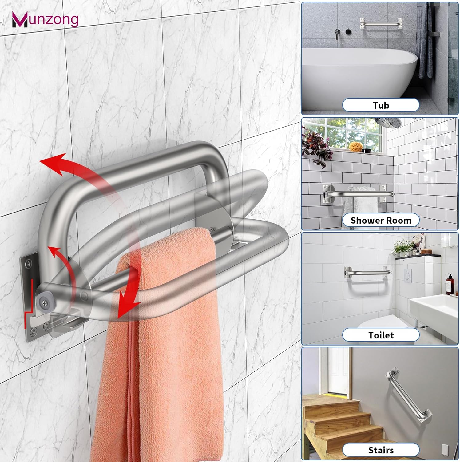 Munzong 16 Inch Stainless Steel Shower Grab Bar with Hooks