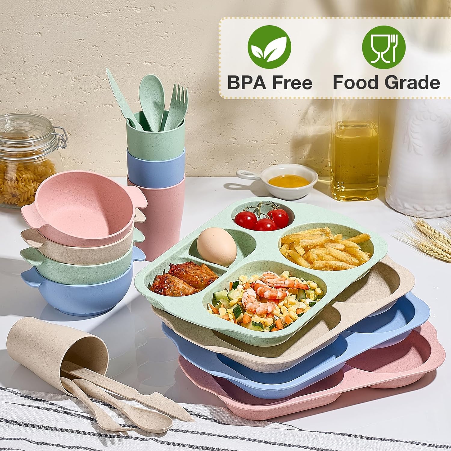24 Pcs Wheat Straw Dinnerware Cutlery Set for Kids and Adults
