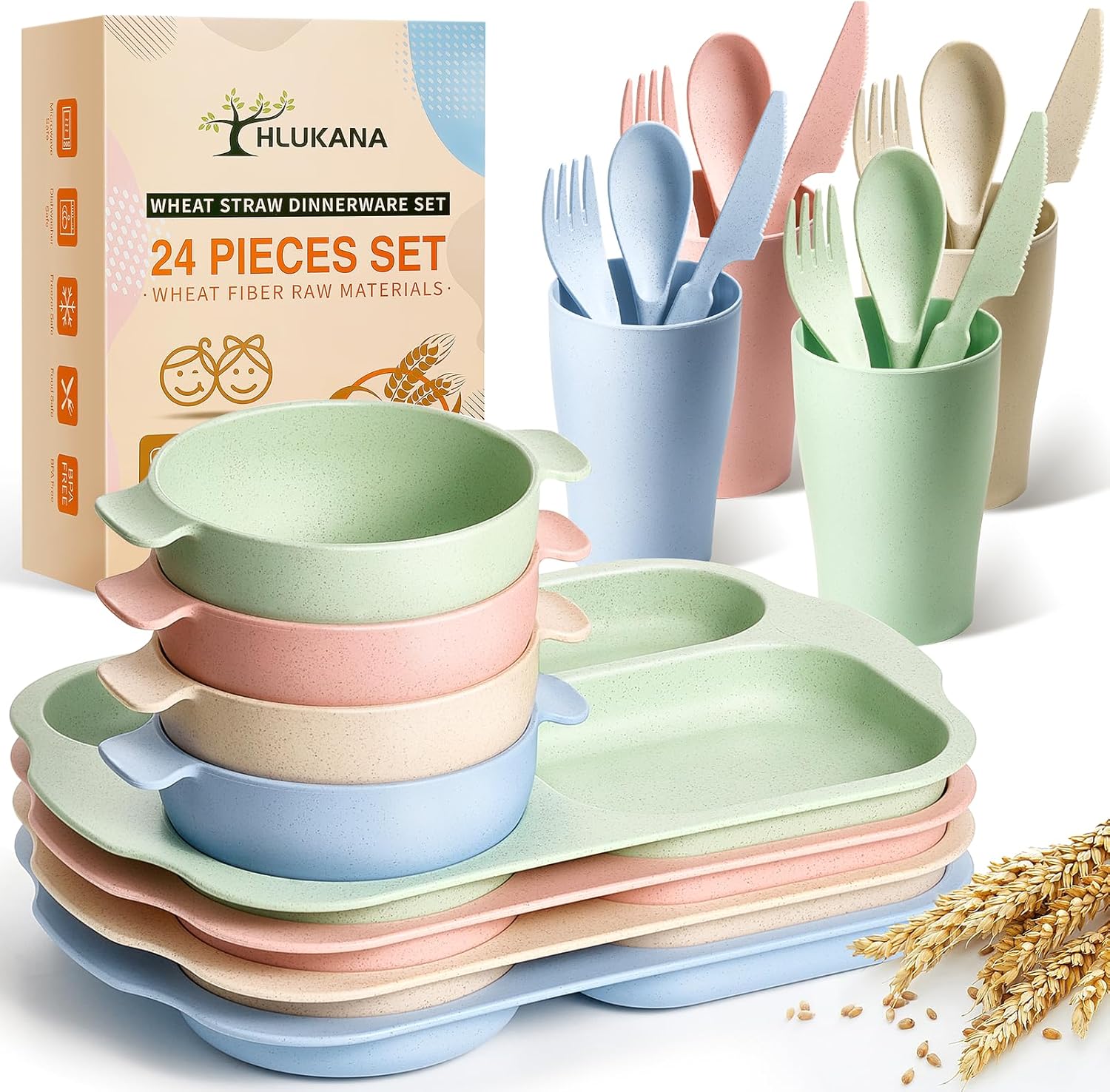 24 Pcs Wheat Straw Dinnerware Cutlery Set for Kids and Adults