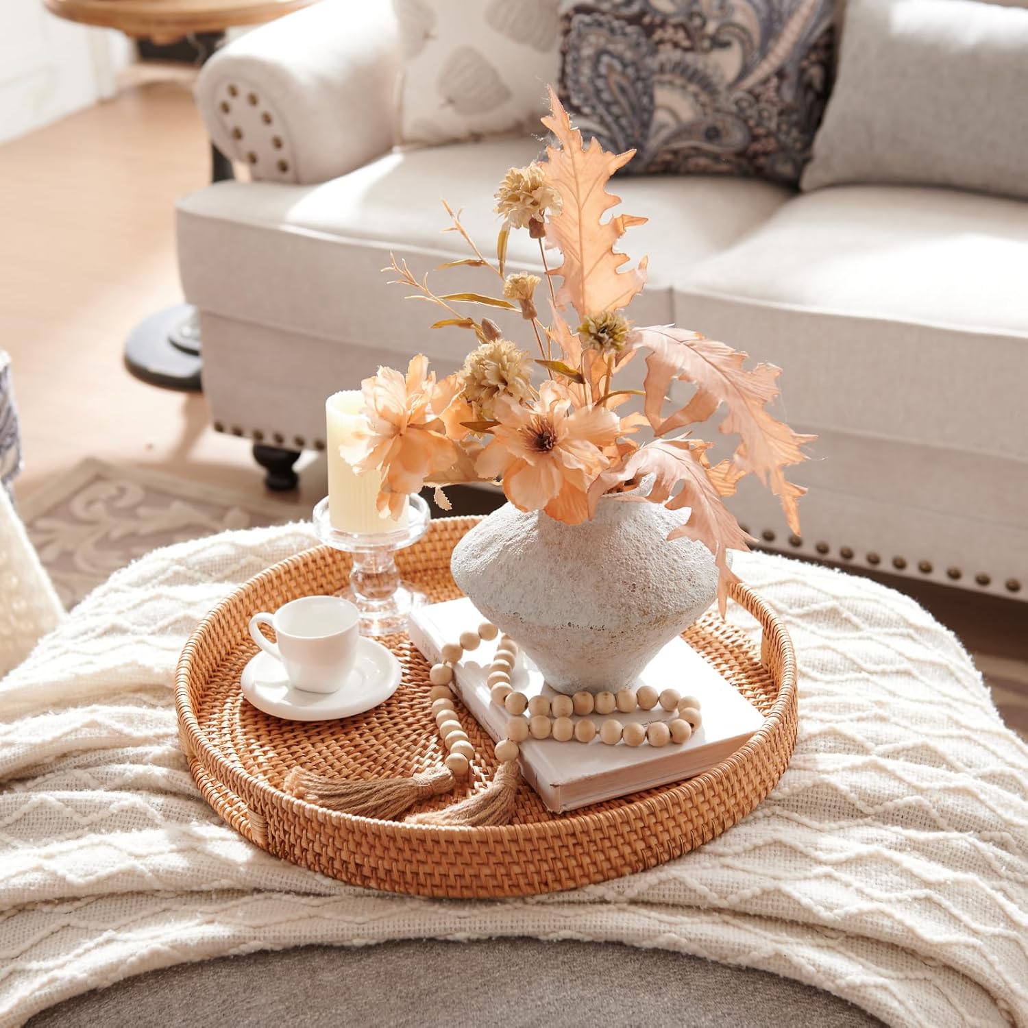 Hand-woven rattan serving tray for desserts elegant and durable