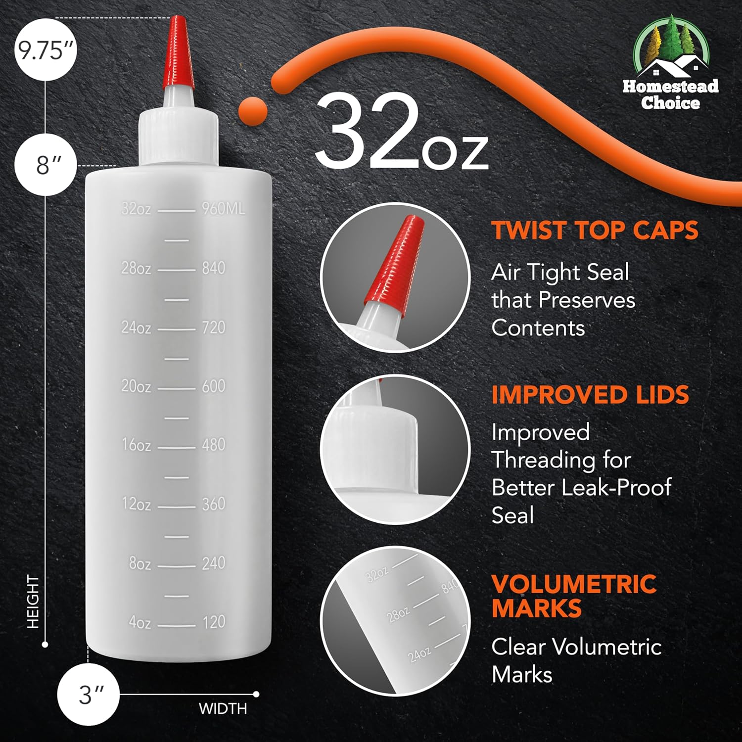 Homestead Choice 32 oz Squeeze Bottles BPA-Free and Durable