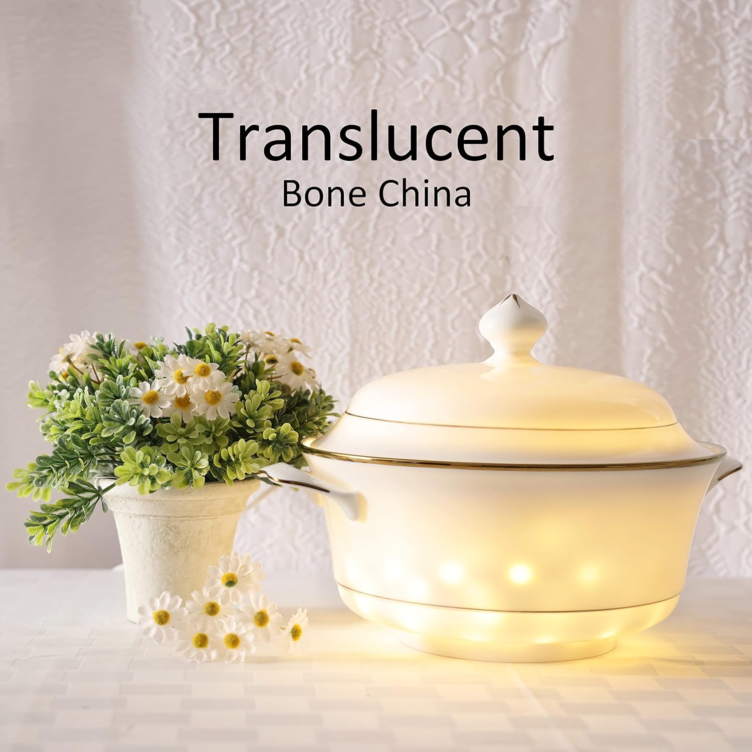 Elegant 2-Piece Bone China Soup Tureen Set with Lid Gold Rim 297QT
