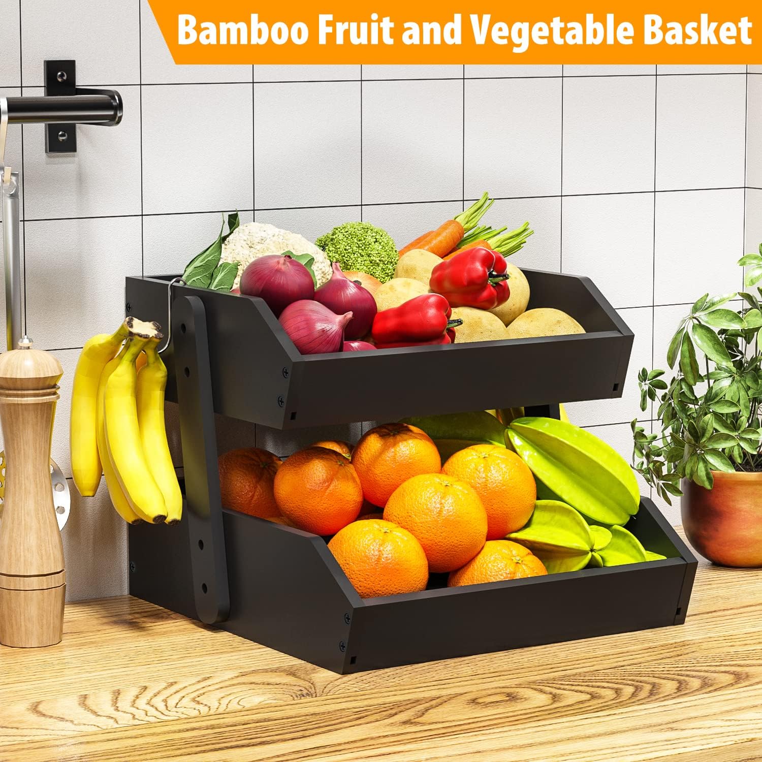 Gmtsl Bamboo Fruit Basket for Kitchen 2-Tier Storage Solution