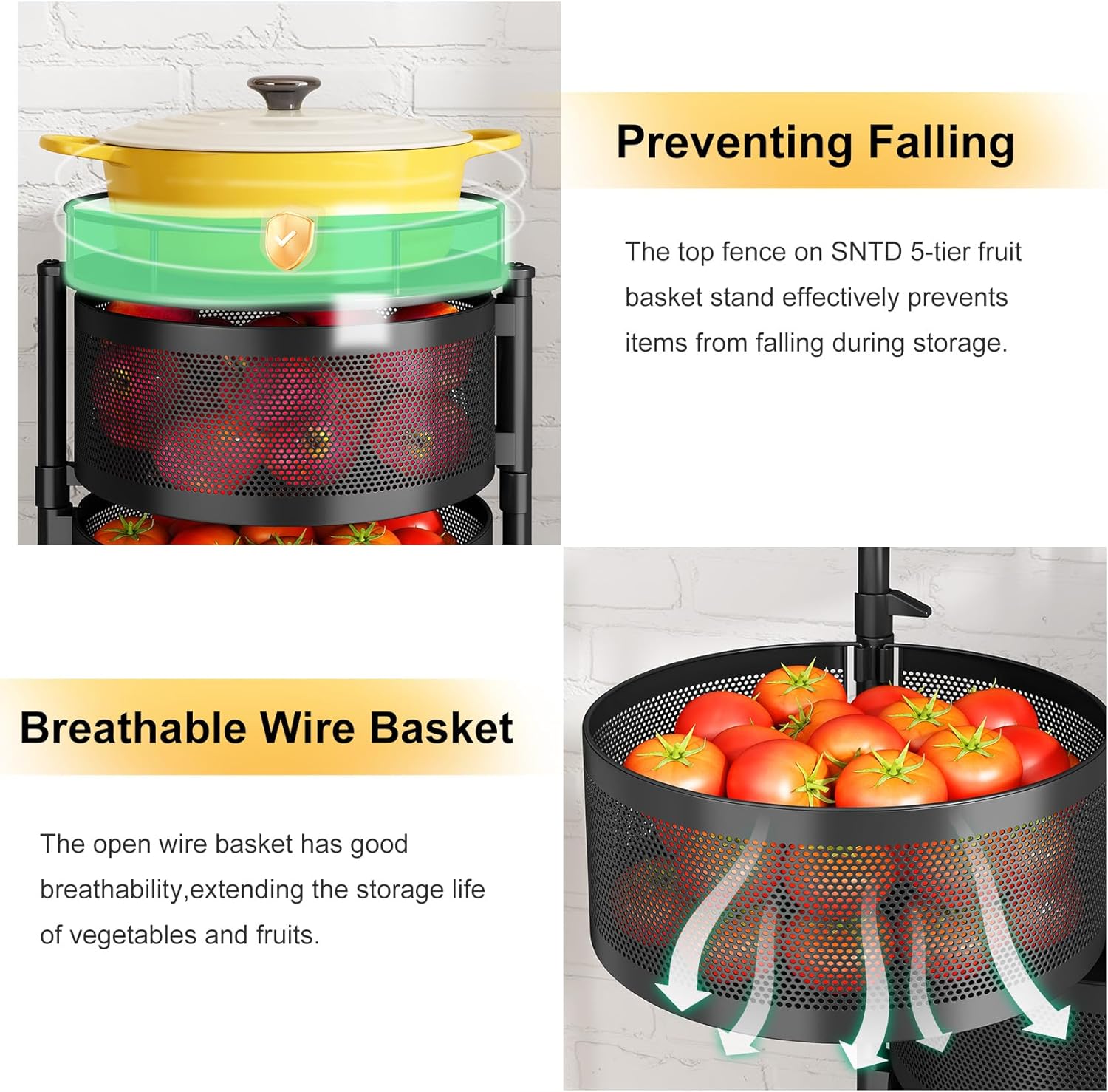 5 Tier Rotating Fruit Vegetable Basket Storage Cart with Metal Lid Black