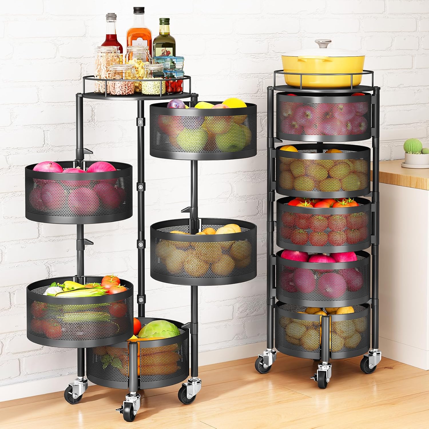 5 Tier Rotating Fruit Vegetable Basket Storage Cart with Metal Lid Black