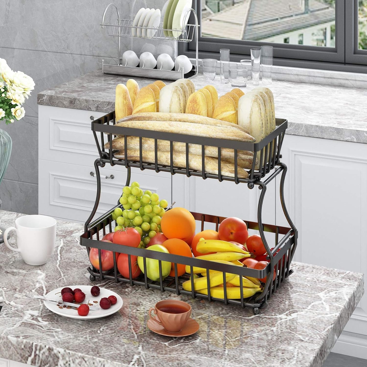 Apsan 2-Tier Metal Fruit Basket for Kitchen Counter - Durable and Stylish