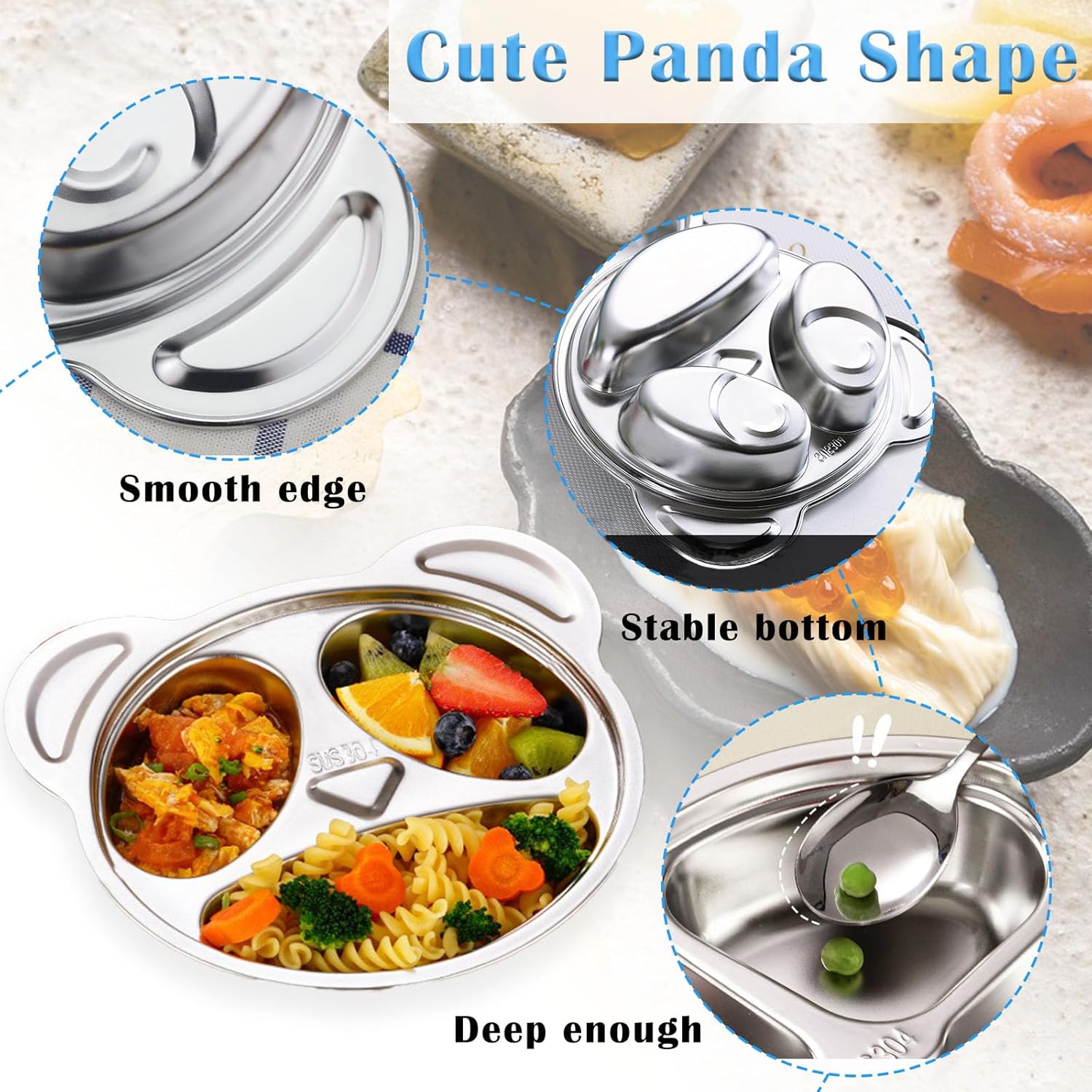 4 Pack Stainless Steel Divided Plates with 3 Compartment Design