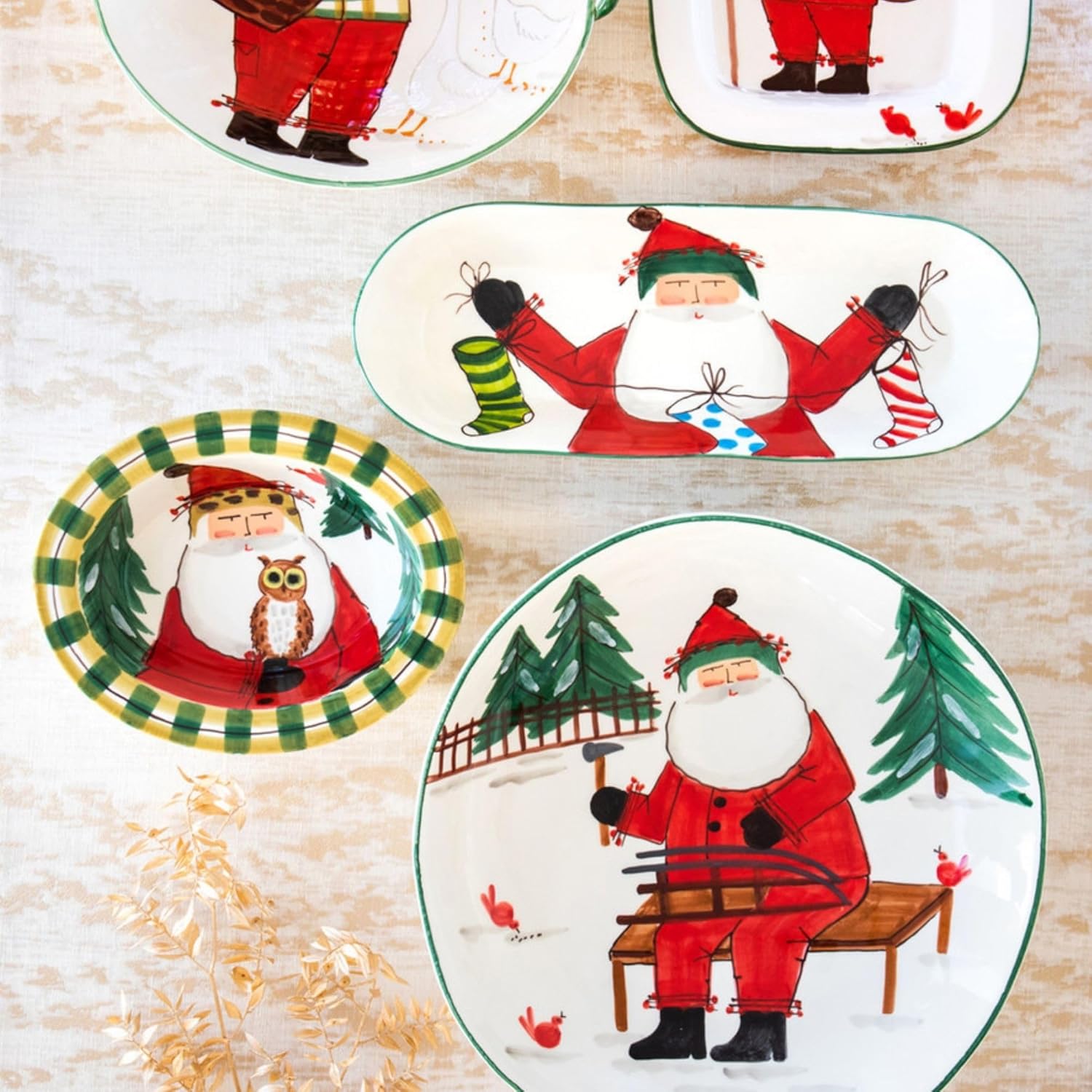 Vietri Old St Nick Christmas Small Rimmed Ceramic Oval Bowl with Owl