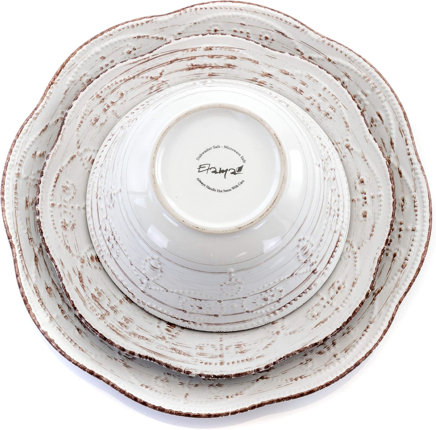 16-Piece Rustic Birch Round Dinnerware Set White Brown