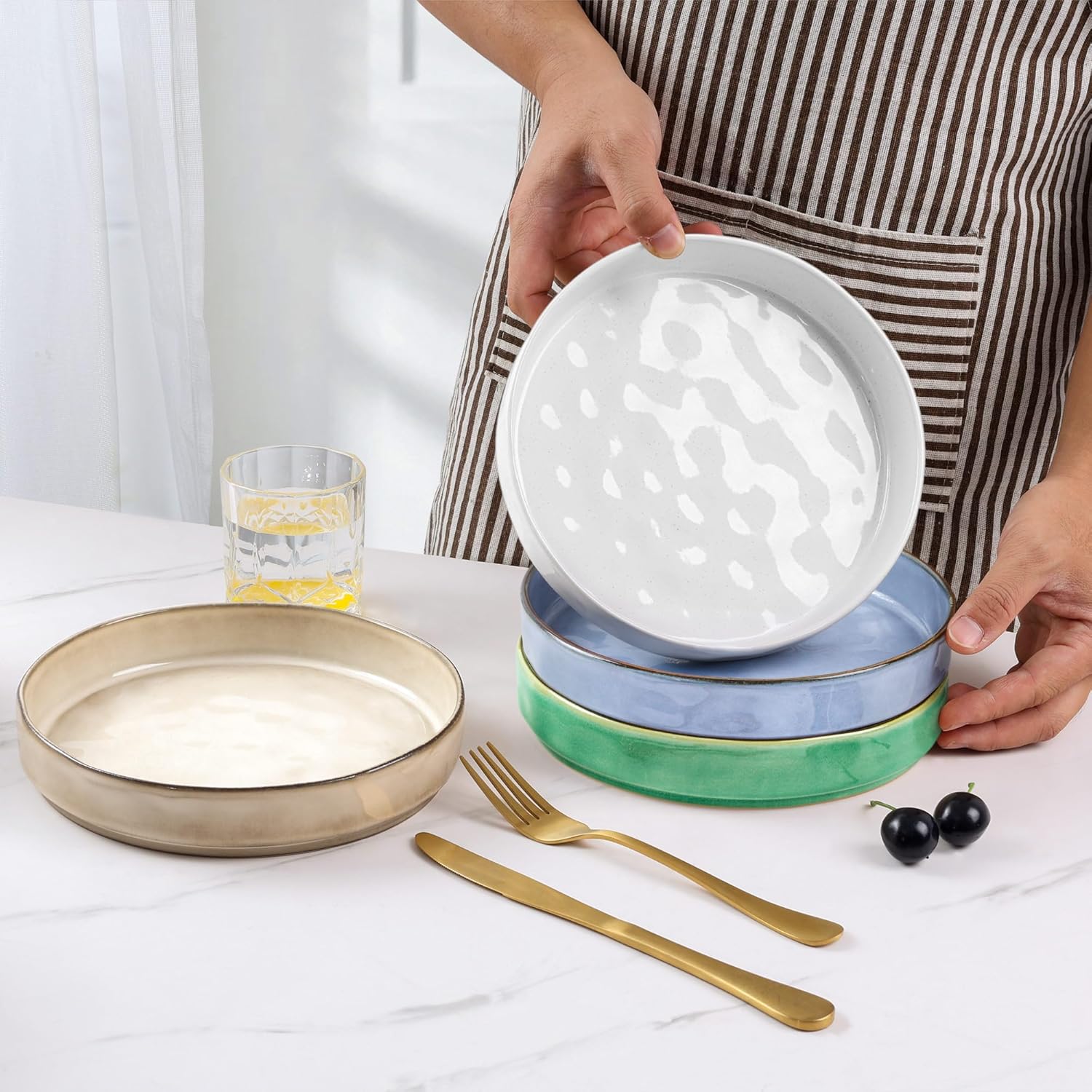 E-Far Premium Pasta Bowls Set of 4 30oz Stoneware with Reactive Glaze