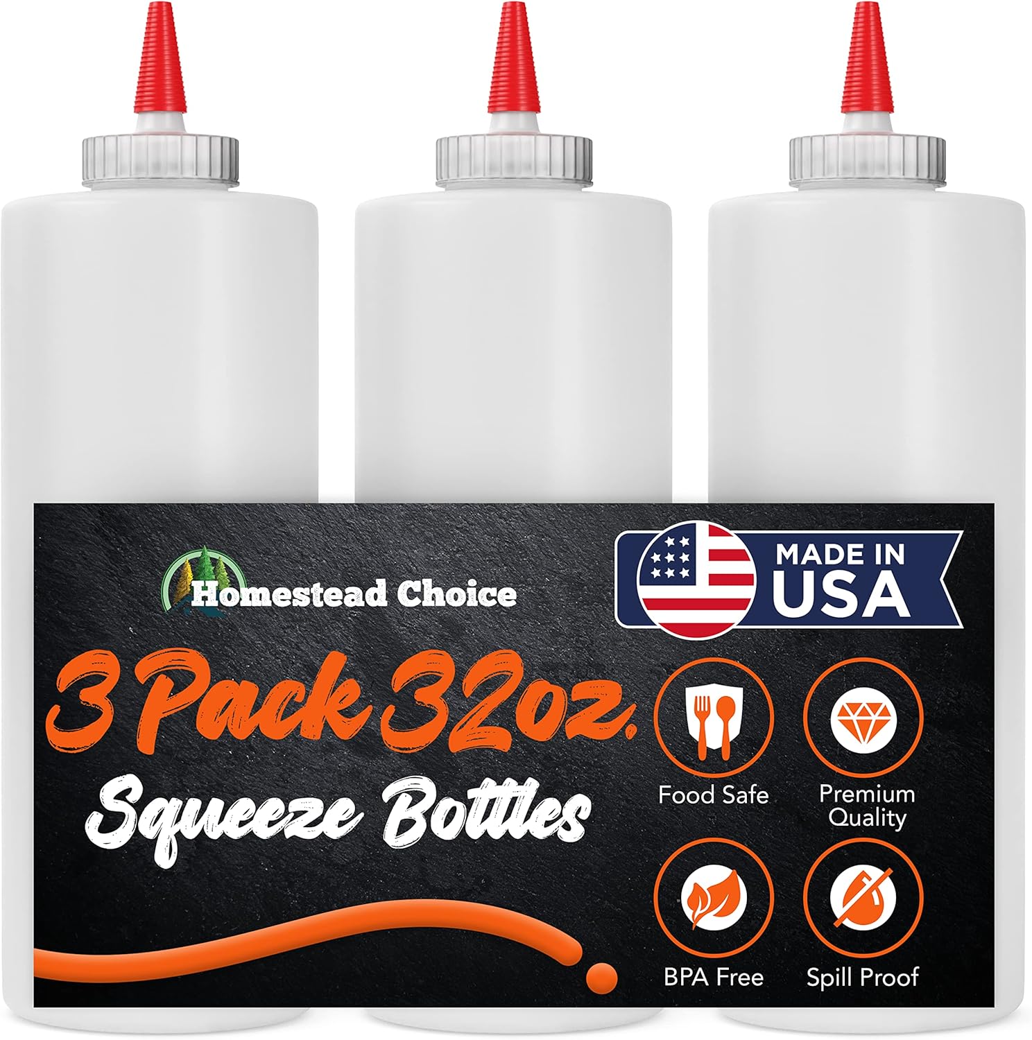 32oz Made in USA Condiment Squeeze Bottles BPA Free 3-Pack