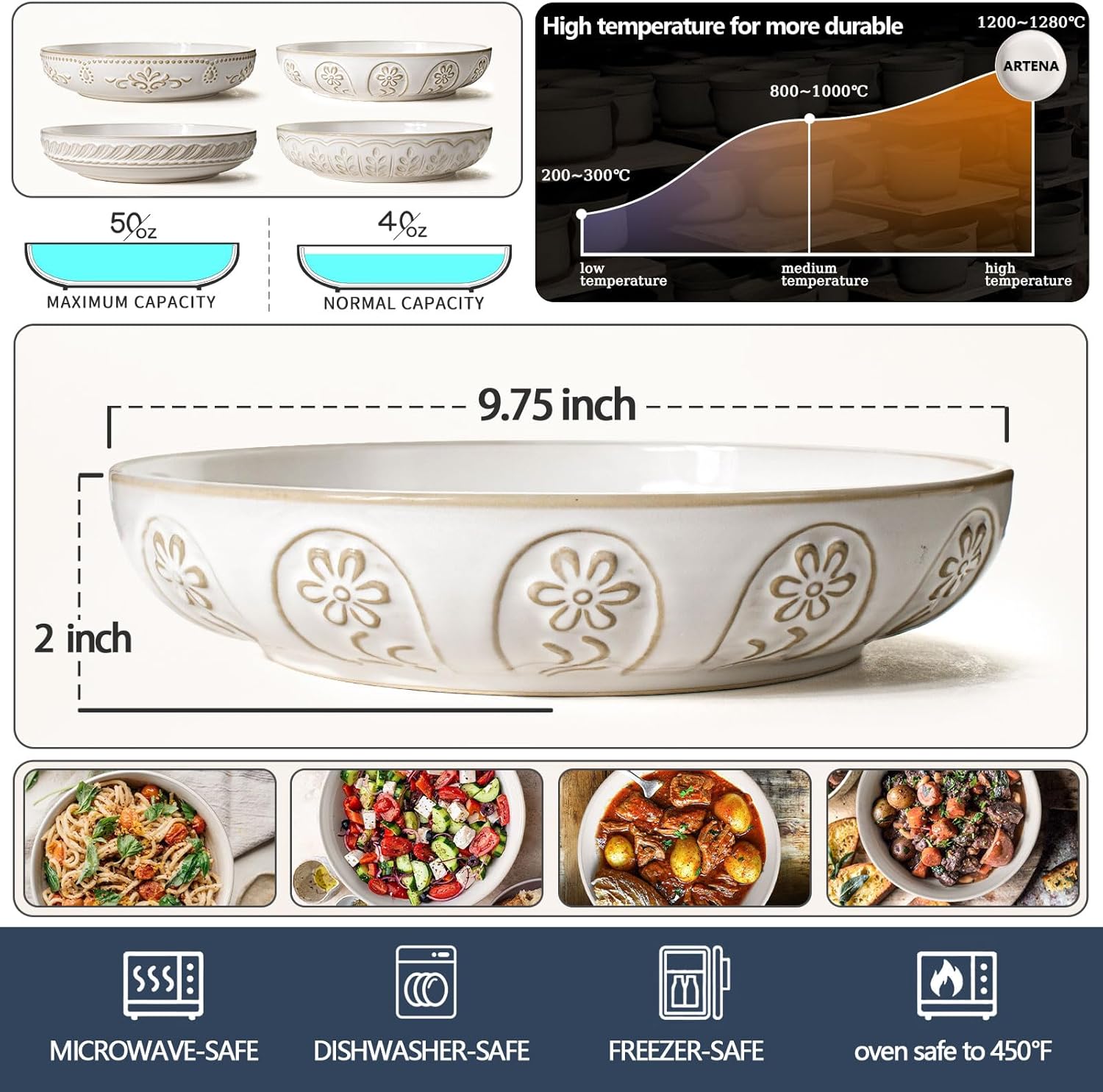 Artenas 4-Piece Pasta Bowls Set - Elegant Functional Kitchenware for Every Meal