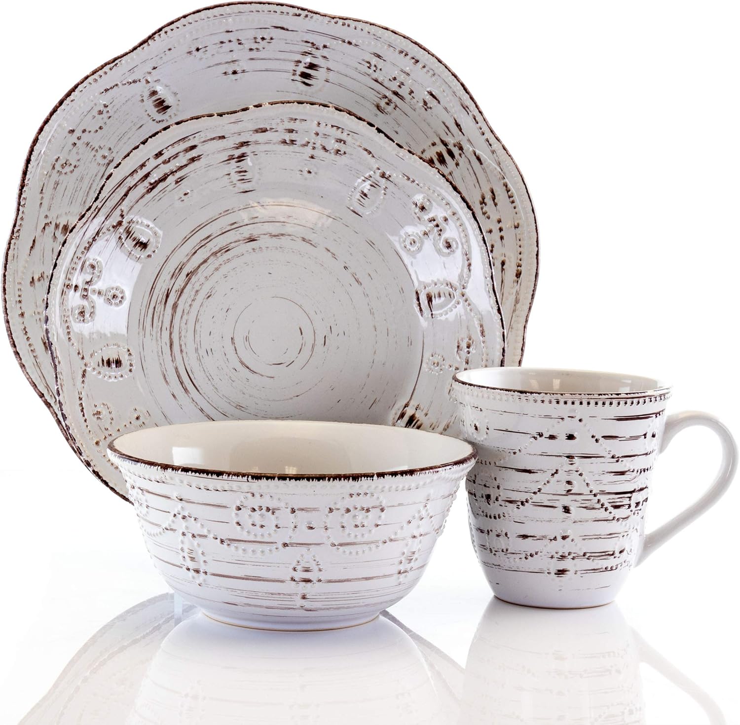 16-Piece Rustic Birch Round Dinnerware Set White Brown