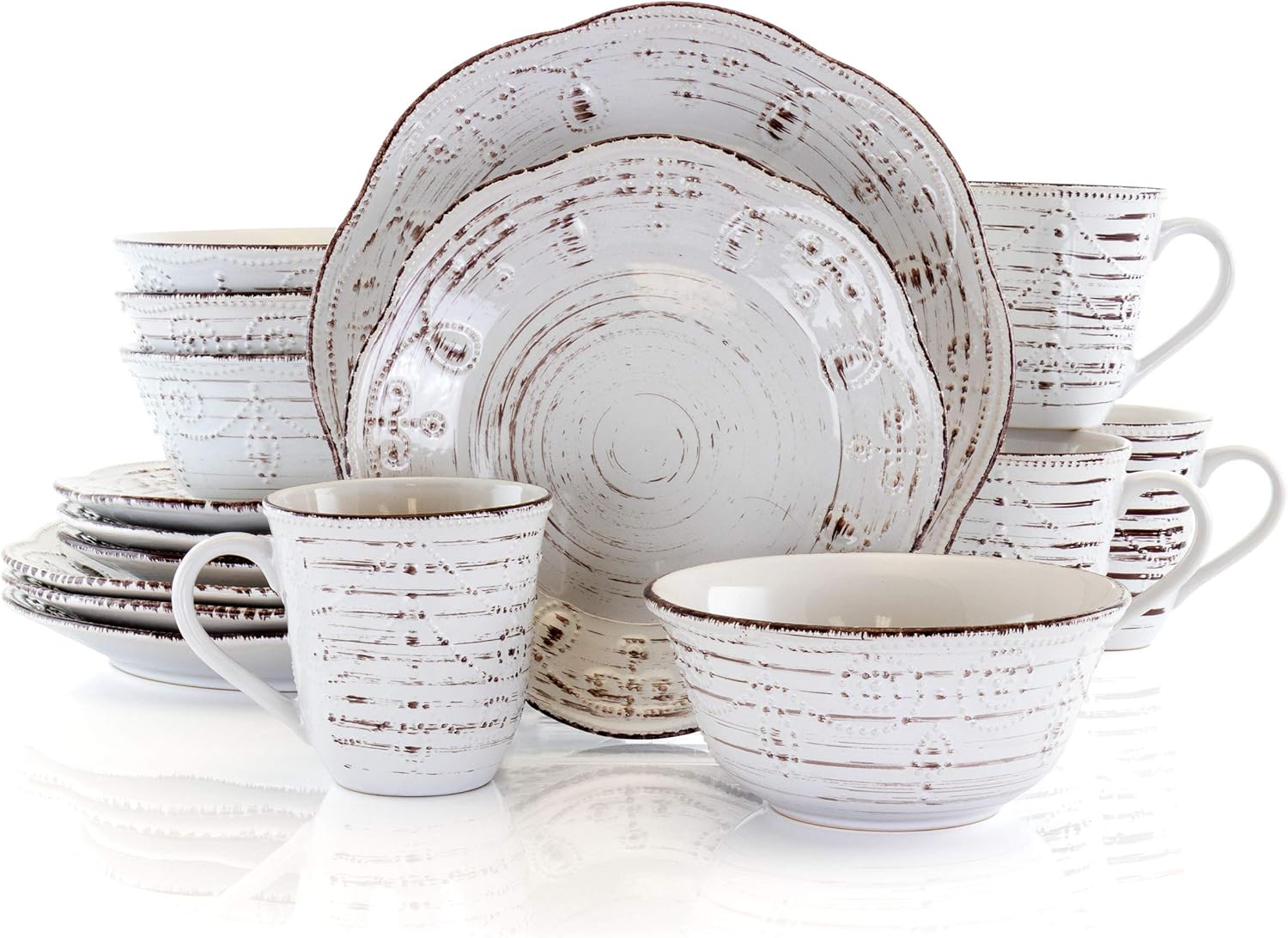 16-Piece Rustic Birch Round Dinnerware Set White Brown