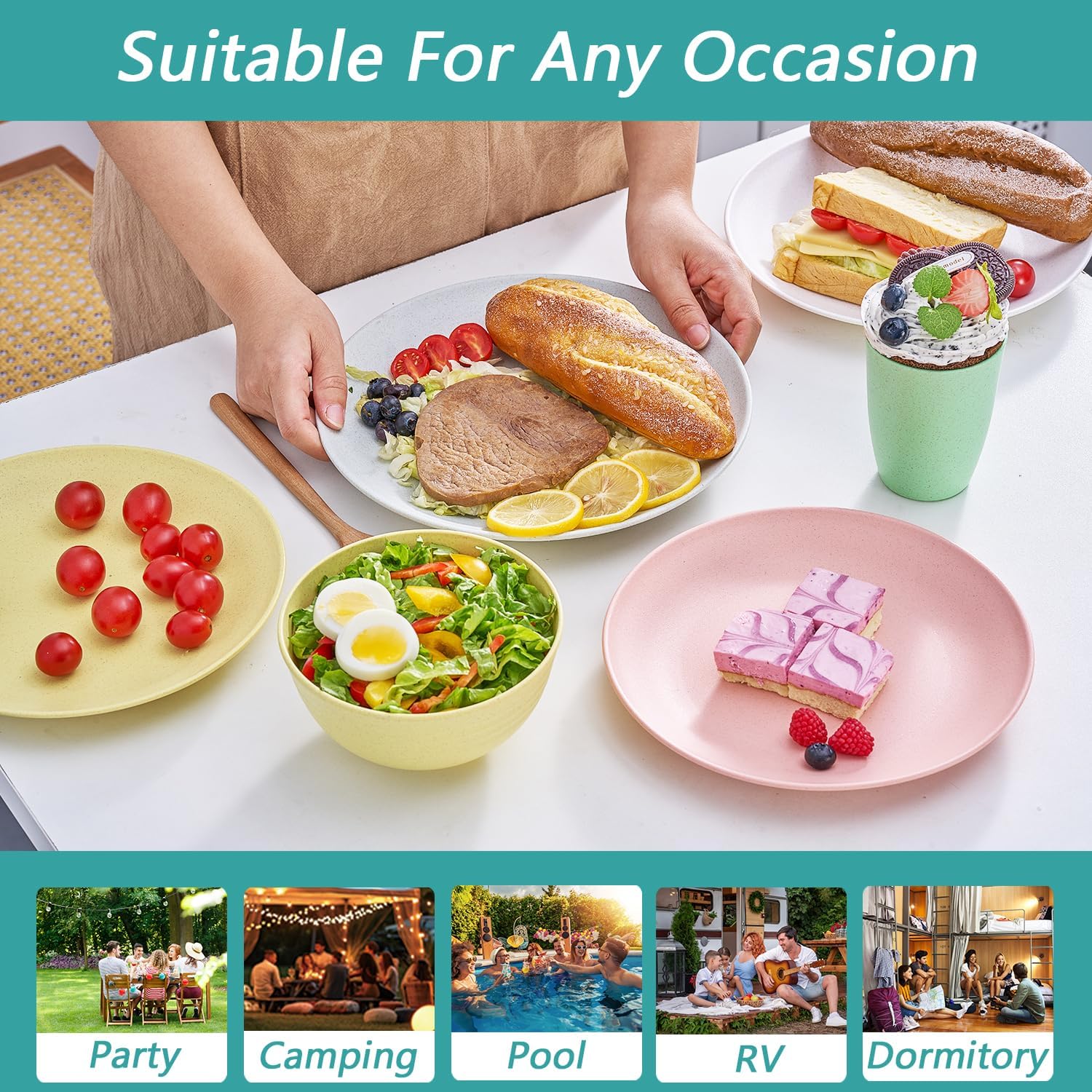 PYRMONT Reusable Plastic Dinnerware Sets for 6 BPA-Free Microwave Safe
