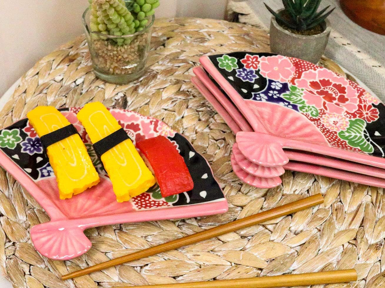 Ebros 4-Piece Oriental FoldedFan Shaped Appetizer Plates Pink Floral Design
