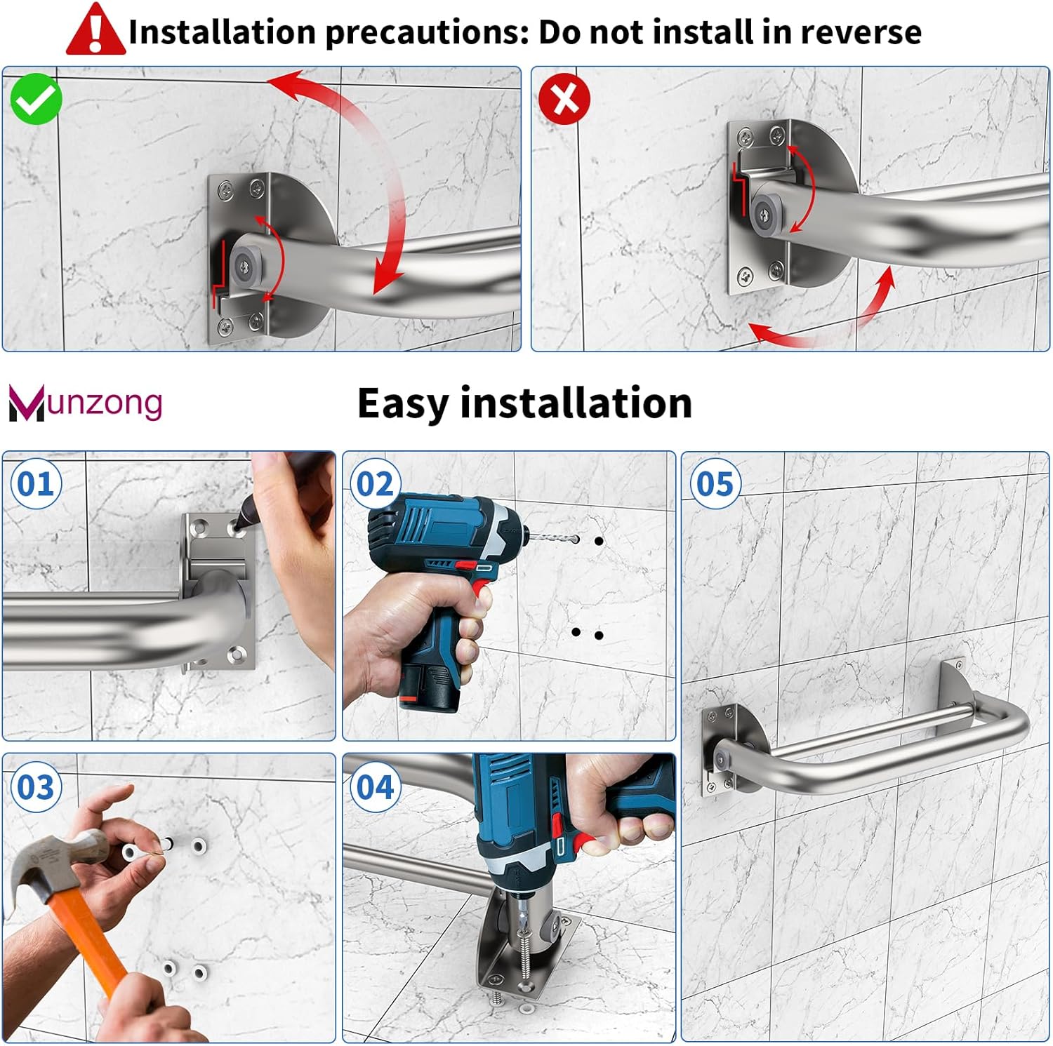 Munzong 16 Inch Stainless Steel Shower Grab Bar with Hooks