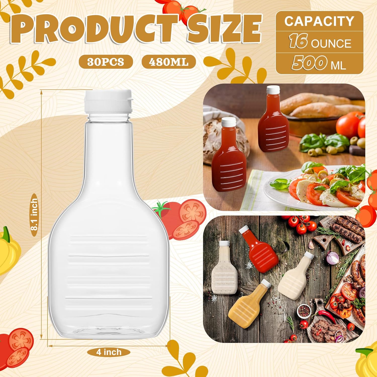 30 Pack of 16oz Salad Dressing Squeeze Bottles with White Flip Top