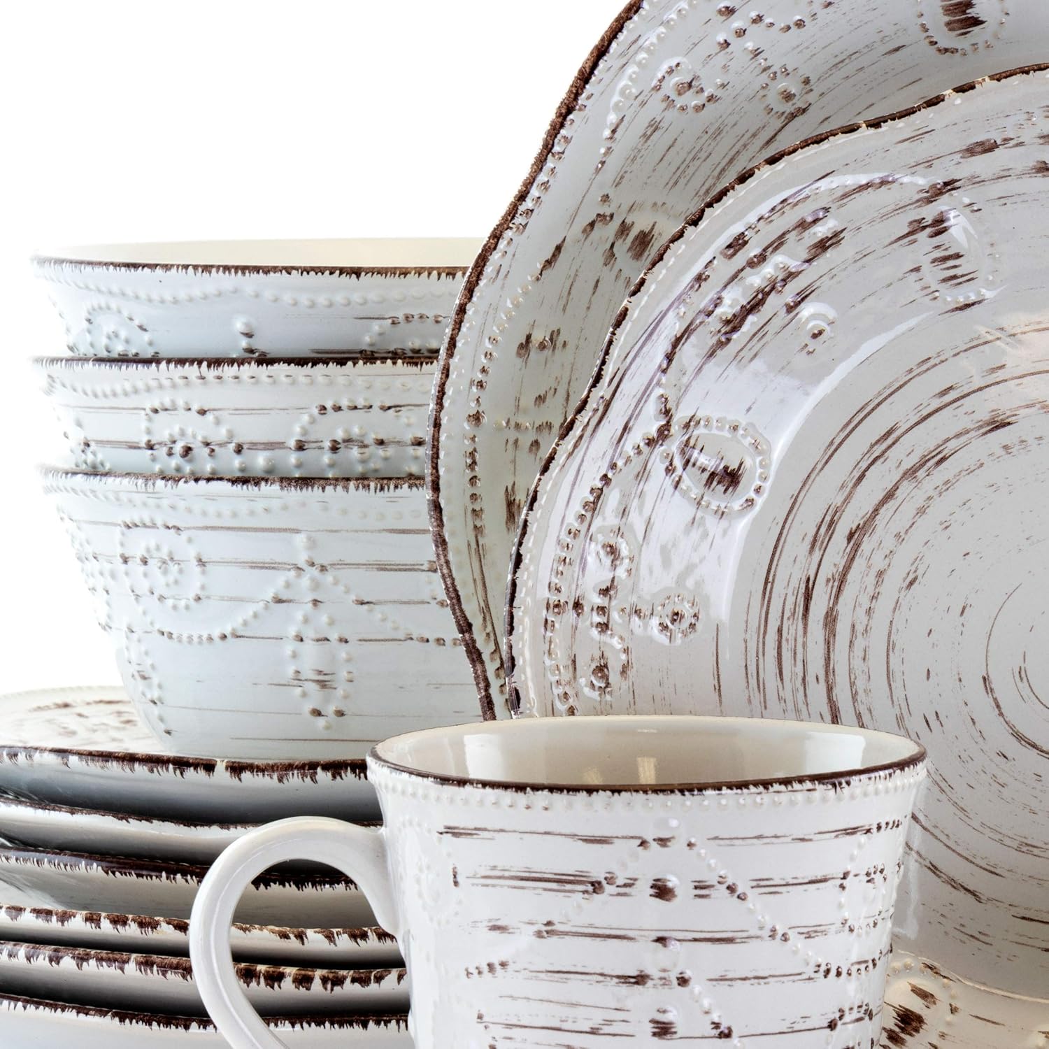 16-Piece Rustic Birch Round Dinnerware Set White Brown