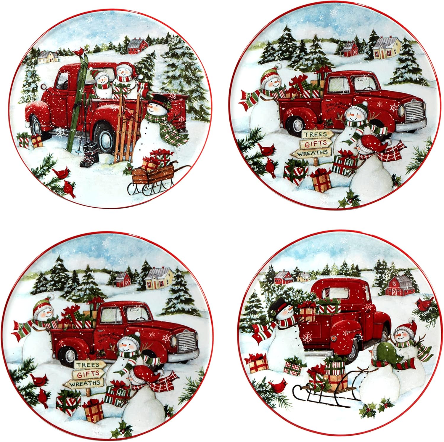 Red Truck Snowman Multicolor CanapeLuncheon Plates