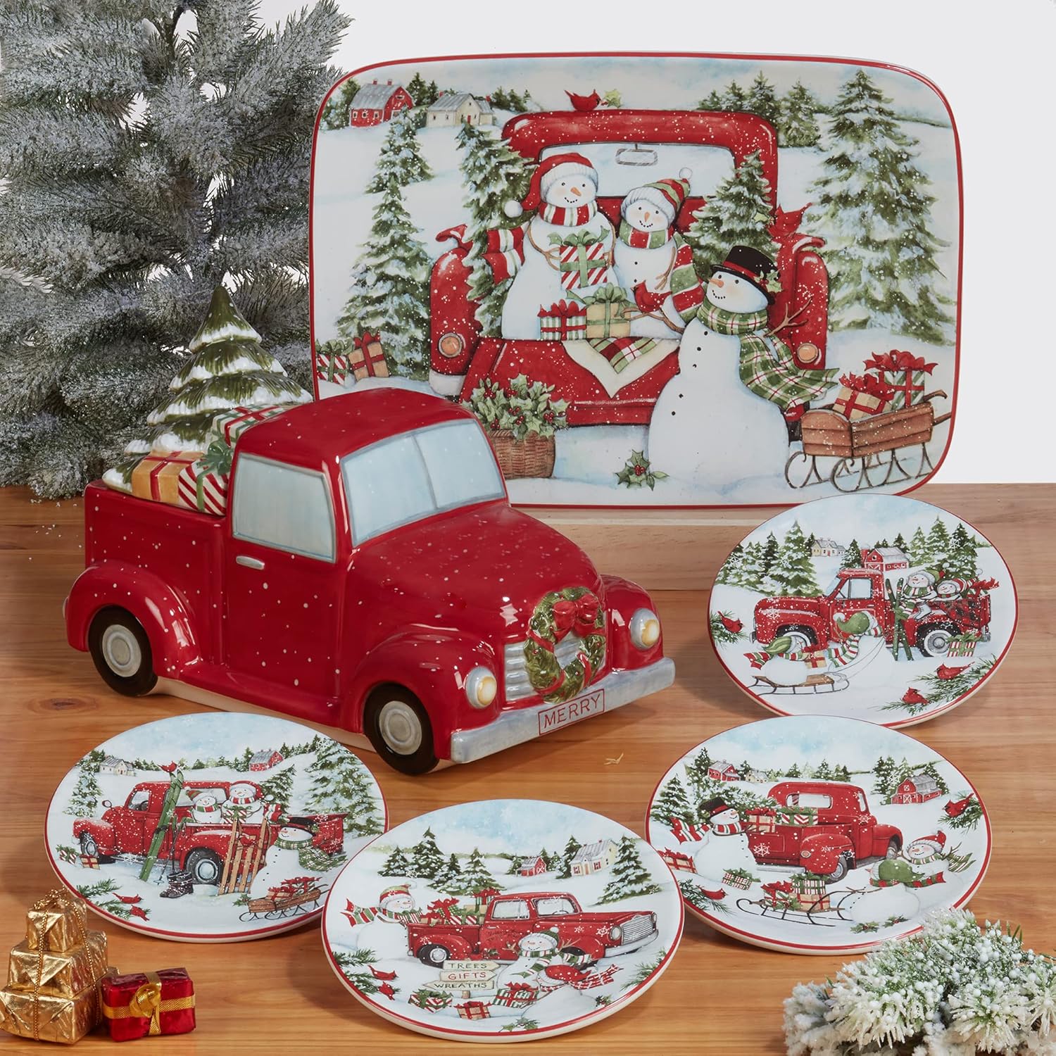 Red Truck Snowman Multicolor CanapeLuncheon Plates
