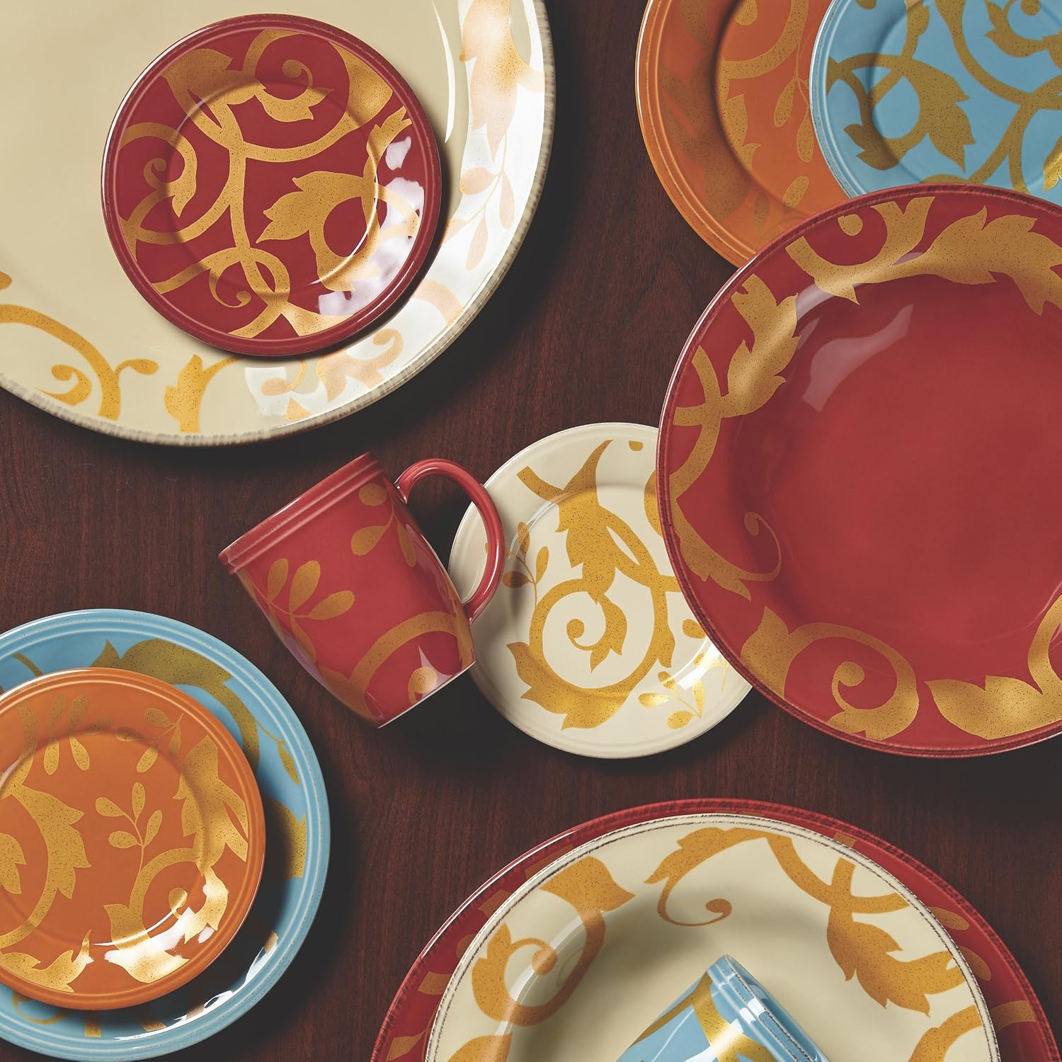 Rachael Ray Dinnerware Gold Scroll 10-Inch Round Serving Bowl Almond Cream